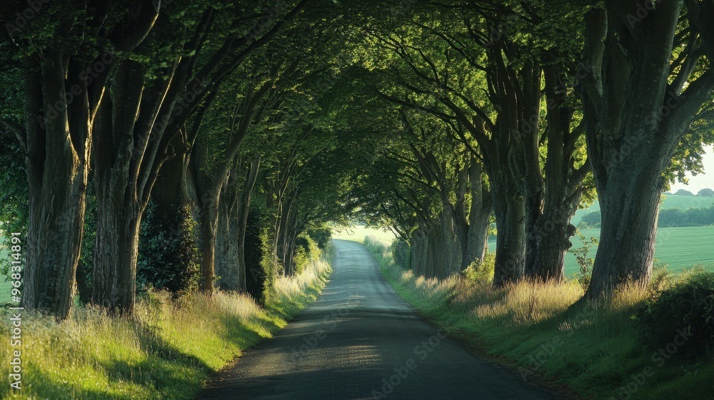 Naklejka premium A row of trees lining a quiet country road, their branches forming a natural tunnel overhead.
