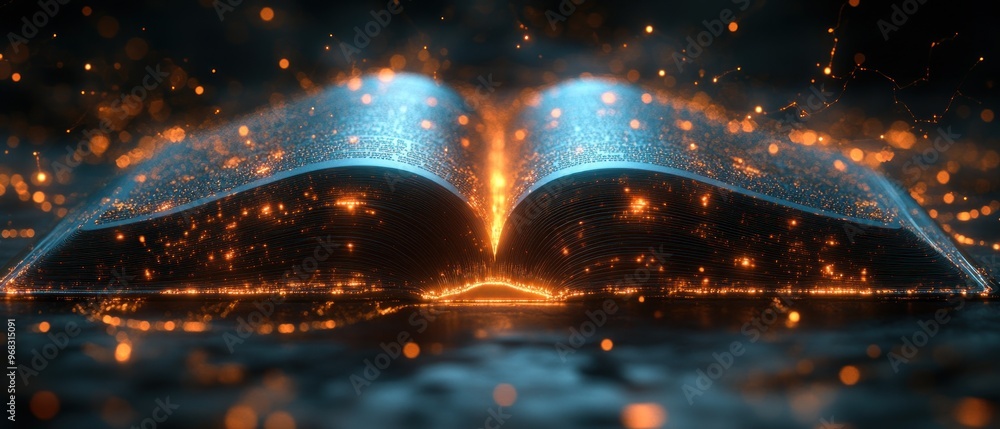 Open Book with Glowing Particles and Blurred Lights Open Book with Glowing Particles and Blurred Lights