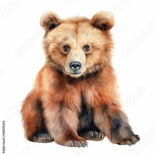 Adorable Watercolor Illustration of a Brown Bear Cub Sitting in a Relaxed Pose