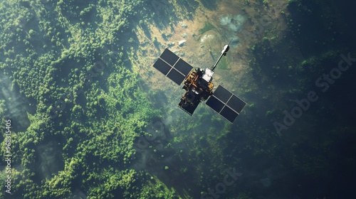 A satellite flying over a densely forested region, gathering data on deforestation.