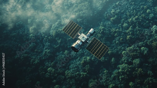 A satellite flying over a densely forested region, gathering data on deforestation.