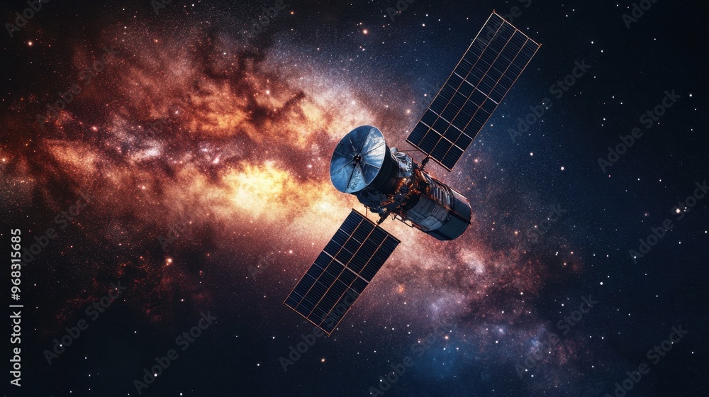 A satellite in orbit, with the Milky Way visible in the background. A satellite in orbit, with the Milky Way visible in the background.