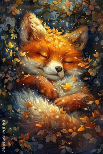 A serene fox sleeps peacefully among autumn leaves, exuding warmth and tranquility. photo