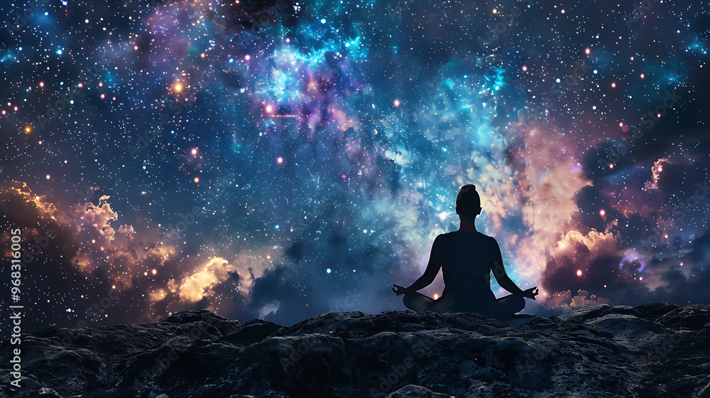 a silhouette of a person in a meditative pose against a cosmic background filled with stars, nebulae, and galaxies a silhouette of a person in a meditative pose against a cosmic background filled with stars, nebulae, and galaxies
