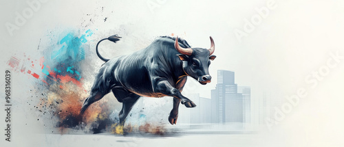 A dynamic black bull charging forward, symbolizing power and strength, with a splash of color in a modern urban setting. photo