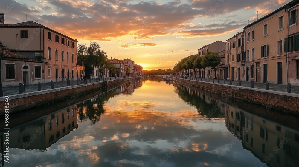 Fototapeta premium A scenic canal at sunset, with the sky's warm hues mirrored on the water's surface.