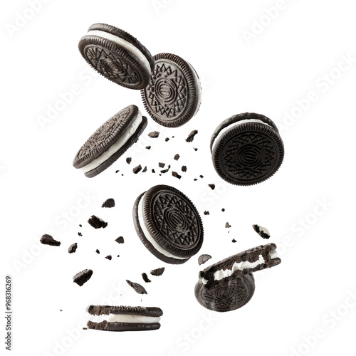 A close up of a pile of Oreo cookies with crumbs flying out of them