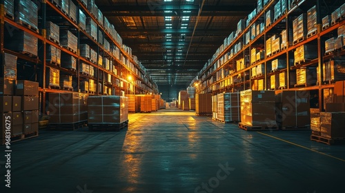 A spacious warehouse filled with stacked pallets and boxes, illuminated by warm lighting.