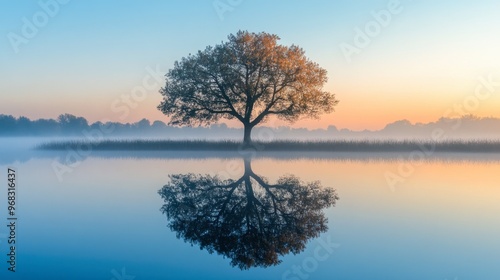 A serene scene of a tree reflected perfectly in a still lake at sunrise.