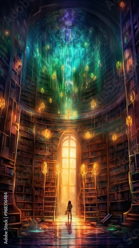 A young woman stands in a magical library.