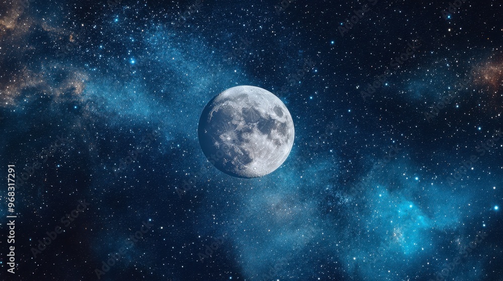 A starry night with the Moon in the center, surrounded by constellations and deep space. A starry night with the Moon in the center, surrounded by constellations and deep space.