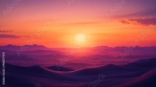 A sunset view over the desert, with the sky turning shades of orange and purple as the day ends