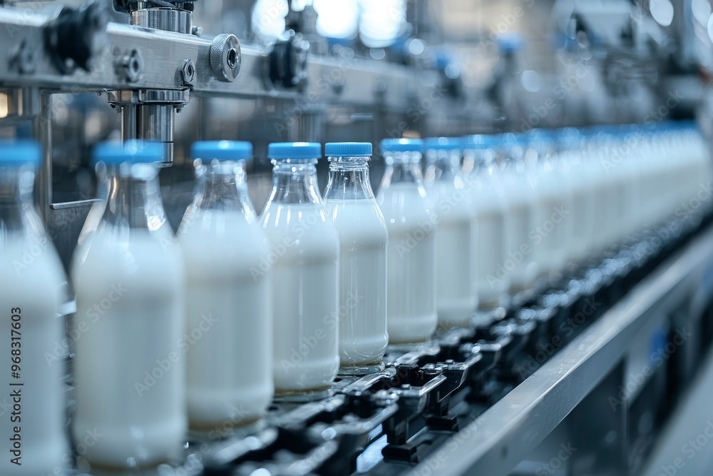 Milk Bottles Moving on a Conveyor Belt in a Factory Milk Bottles Moving on a Conveyor Belt in a Factory