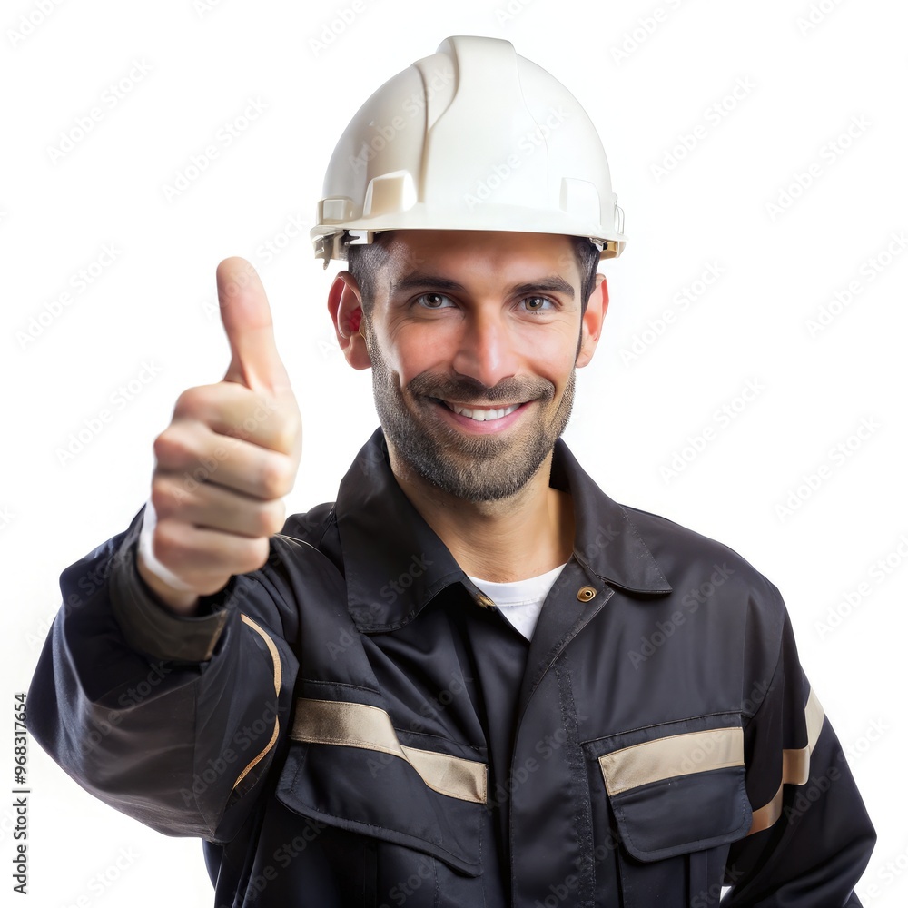 Electricity technician in standard work attire gives thumbs up indoors. Generative AI Electricity technician in standard work attire gives thumbs up indoors. Generative AI