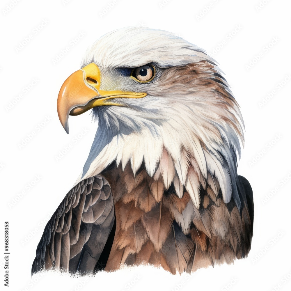 Majestic Bald Eagle Close-Up Illustration with Detailed Plumage and Fierce Gaze Majestic Bald Eagle Close-Up Illustration with Detailed Plumage and Fierce Gaze