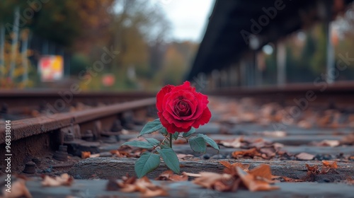 Close-up of a lone rose in a disused railway station. Flower on rusty rails with blurred background.