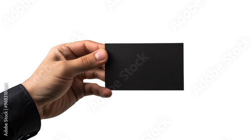 Hand hold blank card on transparent background