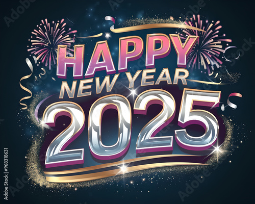 A vibrant scene celebrating the arrival of the New Year 2025 with bright fireworks and a festive atmosphere.  