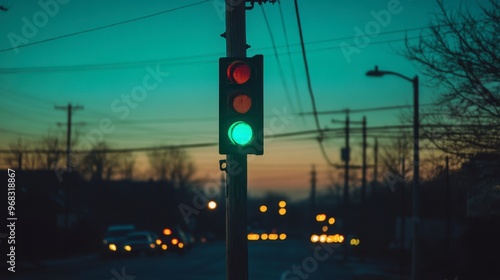 A traffic light glowing green at dusk, with headlights of cars visible in the distance.