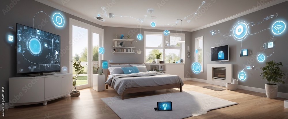 illustrate the concept of the Internet of Things with an image of a smart home, featuring various connected devices and appliances, shot from a low angle with a wide-angle lens illustrate the concept of the Internet of Things with an image of a smart home, featuring various connected devices and appliances, shot from a low angle with a wide-angle lens