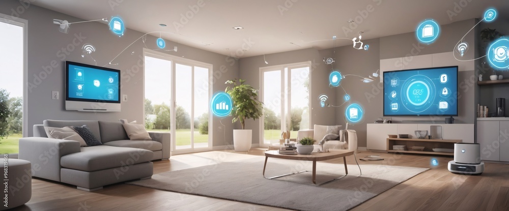 illustrate the concept of the Internet of Things with an image of a smart home, featuring various connected devices and appliances, shot from a low angle with a wide-angle lens illustrate the concept of the Internet of Things with an image of a smart home, featuring various connected devices and appliances, shot from a low angle with a wide-angle lens