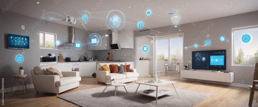illustrate the concept of the Internet of Things with an image of a smart home, featuring various connected devices and appliances, shot from a low angle with a wide-angle lens illustrate the concept of the Internet of Things with an image of a smart home, featuring various connected devices and appliances, shot from a low angle with a wide-angle lens
