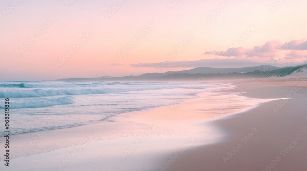 Fototapeta premium A tranquil sandy beach at sunrise with gentle waves lapping the shore and soft pink hues in the sky.