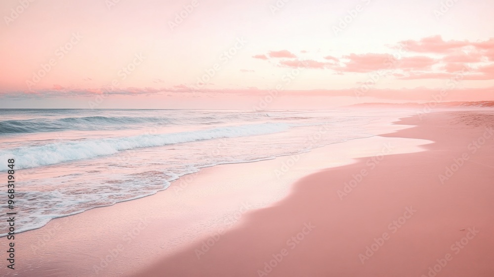 A tranquil sandy beach at sunrise with gentle waves lapping the shore and soft pink hues in the sky. A tranquil sandy beach at sunrise with gentle waves lapping the shore and soft pink hues in the sky.