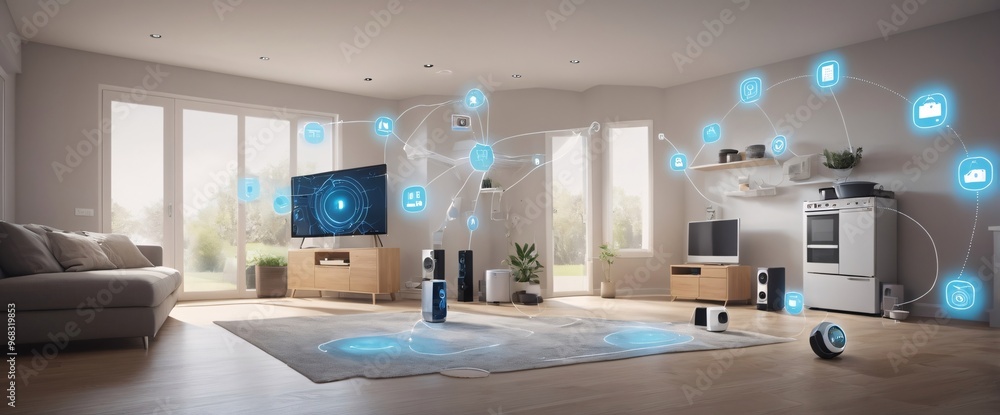 illustrate the concept of the Internet of Things with an image of a smart home, featuring various connected devices and appliances, shot from a low angle with a wide-angle lens illustrate the concept of the Internet of Things with an image of a smart home, featuring various connected devices and appliances, shot from a low angle with a wide-angle lens