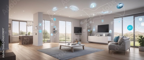 illustrate the concept of the Internet of Things with an image of a smart home, featuring various connected devices and appliances, shot from a low angle with a wide-angle lens