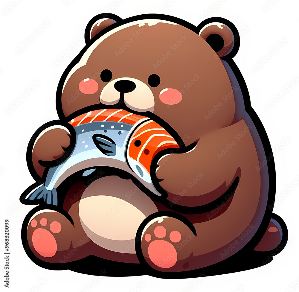 Naklejka premium Cute cartoon bear holding a salmon fish