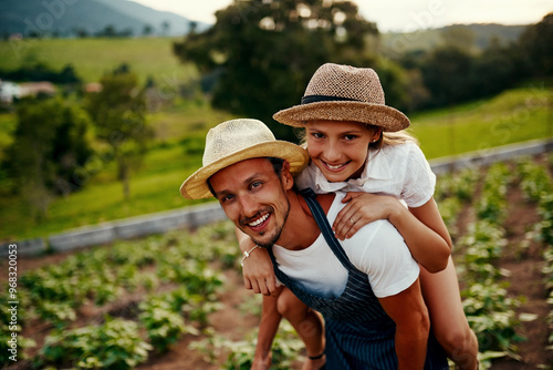 Φωτογραφία Father, daughter and piggyback on farm for bonding, love and development with agriculture sustainability