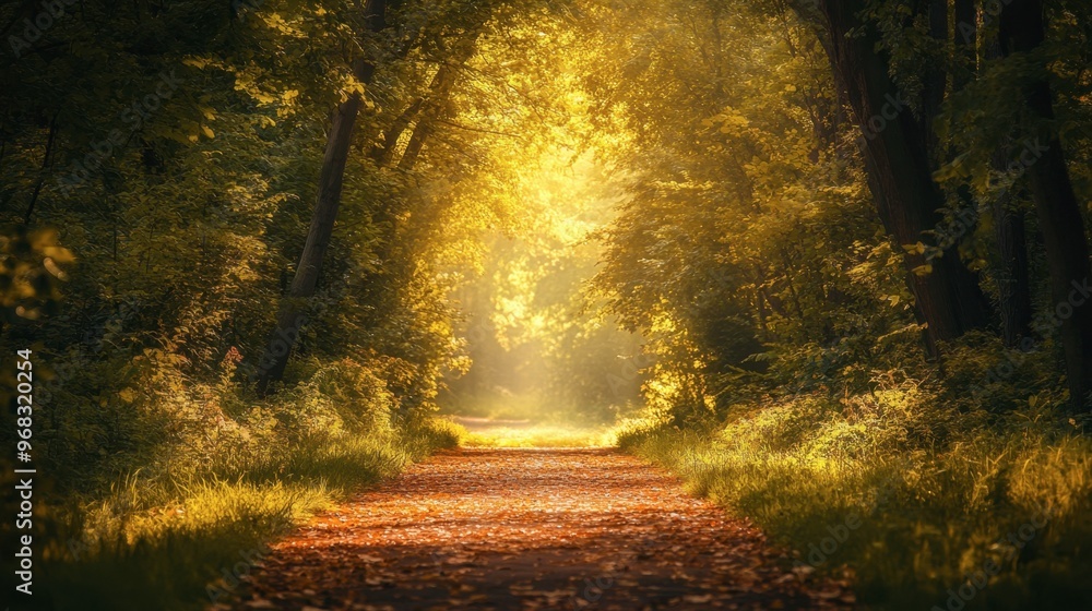 Obraz premium A tree-lined path in a forest, with leaves crunching underfoot and sunlight filtering through the branches.