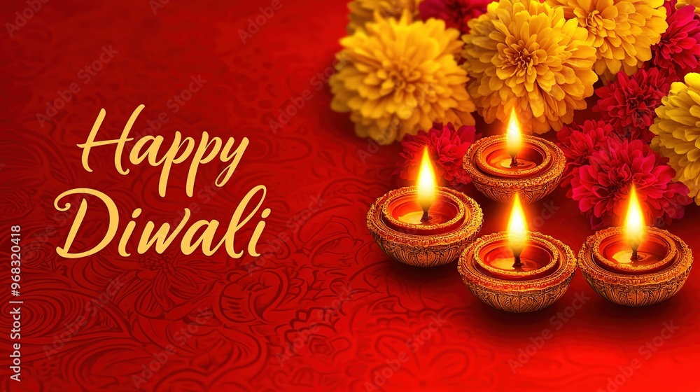 Naklejka premium A richly detailed background featuring intricate gold and red paisley patterns, with a cluster of glowing diyas (oil lamps) in the foreground.