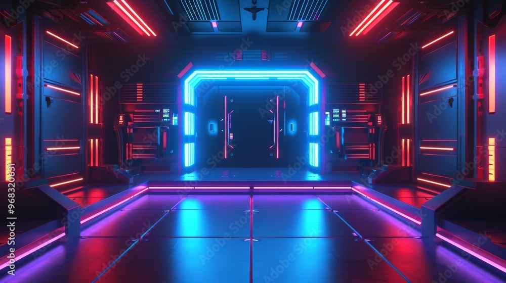 A futuristic e-sports scene with a neon-lit stage, perfect for gaming, rendered in a cyberpunk style. A futuristic e-sports scene with a neon-lit stage, perfect for gaming, rendered in a cyberpunk style.