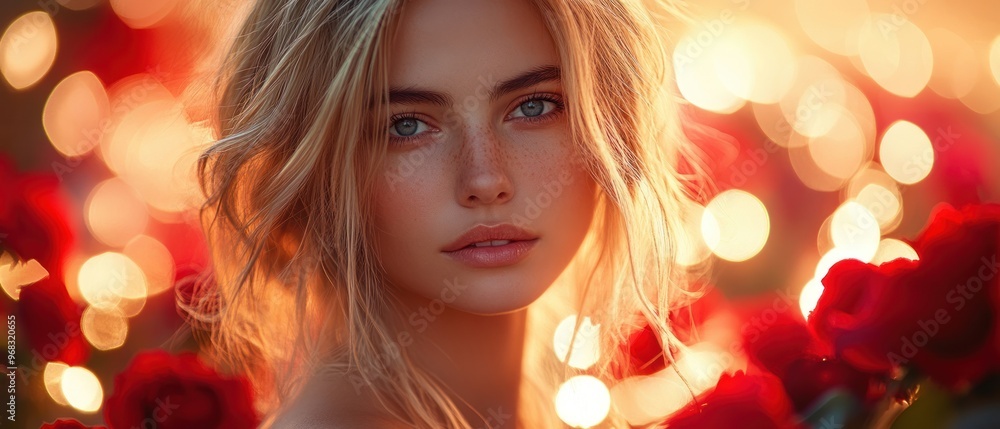 Portrait of a Young Woman with Blonde Hair and Freckles Portrait of a Young Woman with Blonde Hair and Freckles