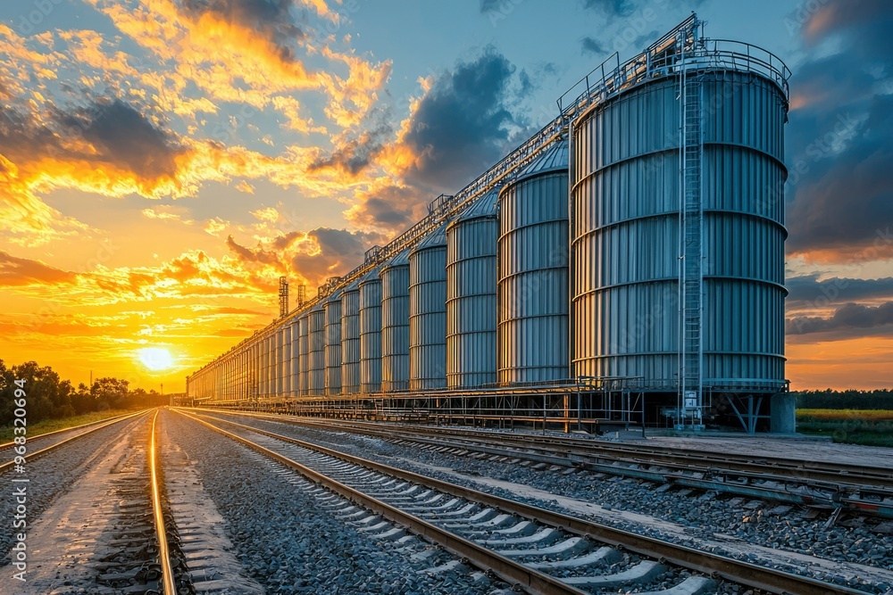 Fototapeta premium Industrial Silos and Railway Tracks at Sunset