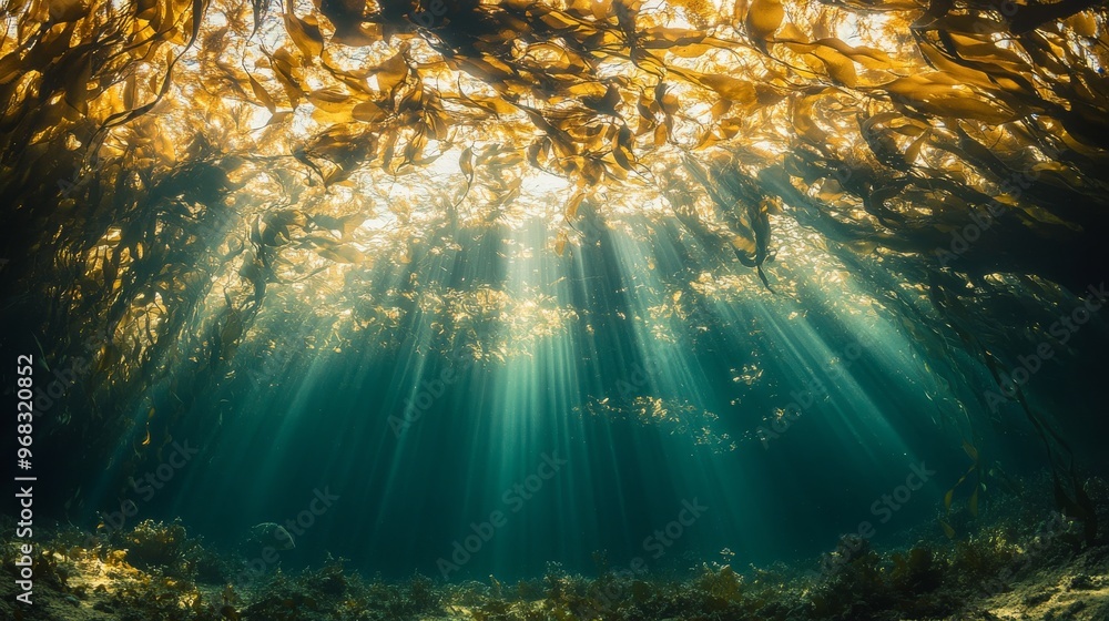 Fototapeta premium Sunbeams Illuminating Kelp Forest Underwater