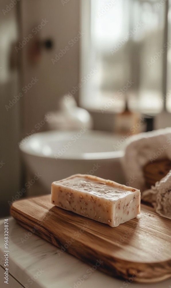 Natural Soap on Wooden Board in Modern Bathroom Natural Soap on Wooden Board in Modern Bathroom