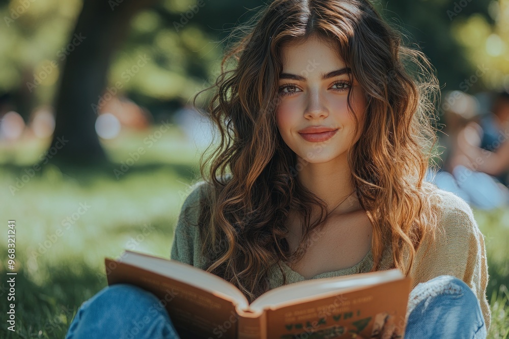 Obraz premium A young woman with long curly hair sits in a park and reads a book