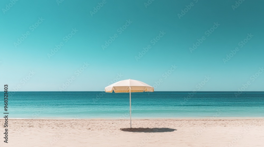 Fototapeta premium A wide shot of a sandy beach with a single beach umbrella and a calm sea under a cloudless sky.