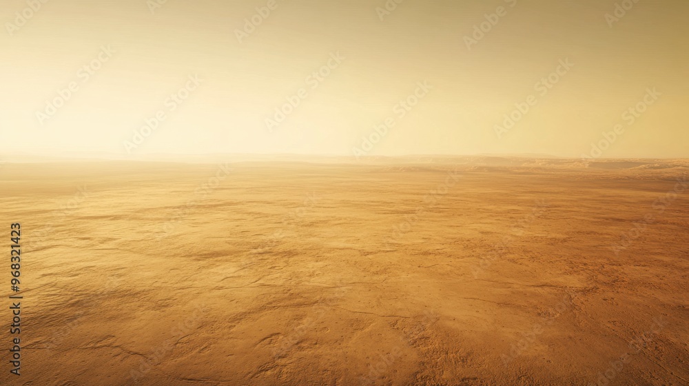 A wide shot of Mars' surface with a vast plain stretching to the horizon, under a pale, cloudless sky. A wide shot of Mars' surface with a vast plain stretching to the horizon, under a pale, cloudless sky.
