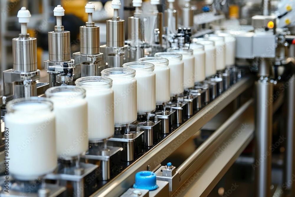 Conveyor Belt Filling Jars with White Product in a Factory Conveyor Belt Filling Jars with White Product in a Factory