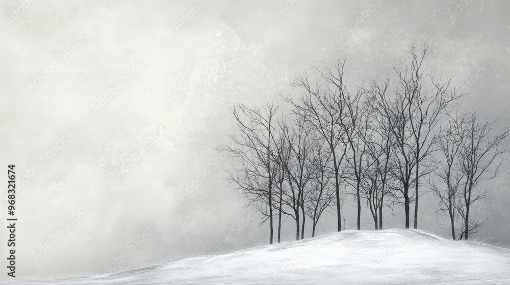 Obraz premium A winter scene of bare trees standing in a snowy landscape, their branches reaching toward the gray sky.