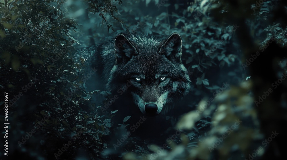 A wolf emerging from the shadows of a dense forest, its eyes glowing in the low light. A wolf emerging from the shadows of a dense forest, its eyes glowing in the low light.