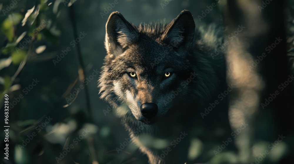 A wolf emerging from the shadows of a dense forest, its eyes glowing in the low light. A wolf emerging from the shadows of a dense forest, its eyes glowing in the low light.