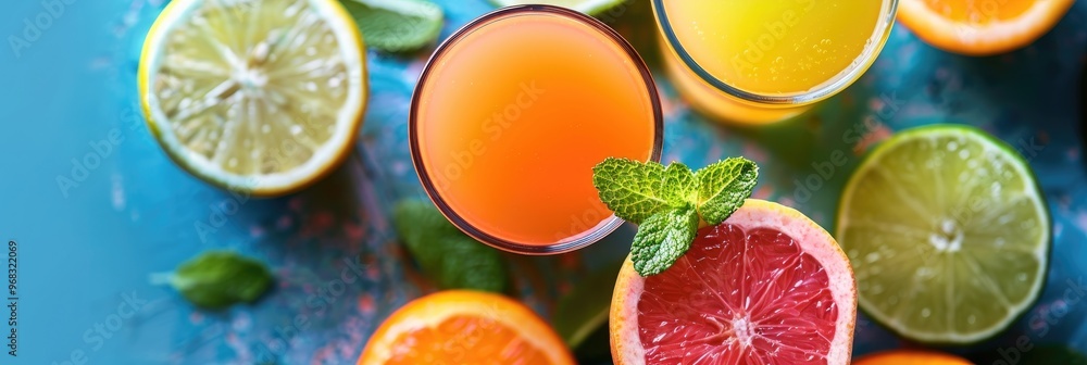Citrus Fruits and Blended Juice with Selective Focus Citrus Fruits and Blended Juice with Selective Focus