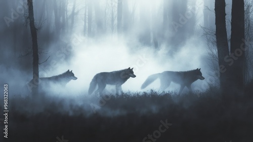 A wolf pack moving through a foggy forest, with only their outlines visible through the mist. photo