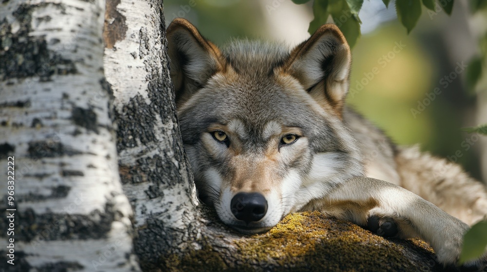 Fototapeta premium A wolf resting in the shade of a tree, its eyes alert and ears perked, ready to respond to any sound.