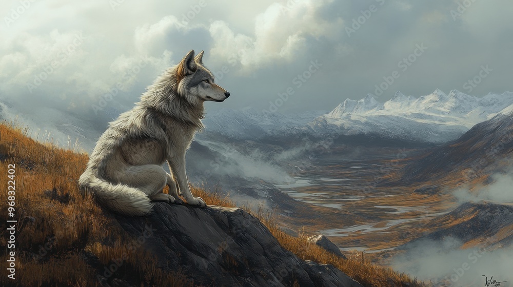 Obraz premium A wolf sitting on a hillside, overlooking a vast valley below with a look of quiet contemplation.